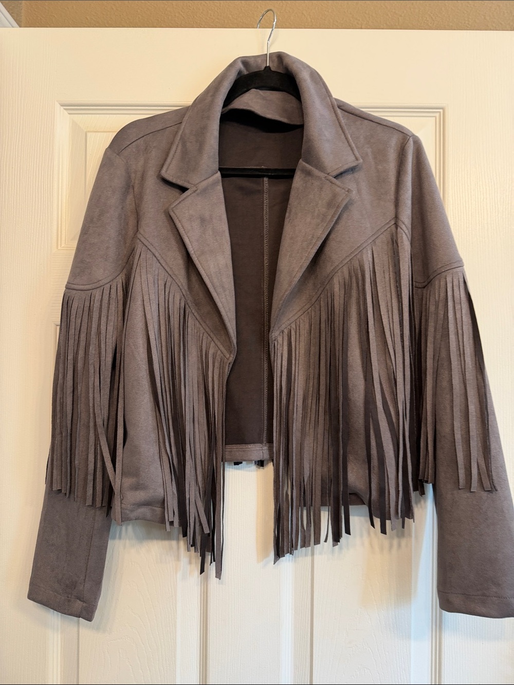 Fringed Suede-Style Women's Jacket in Gray